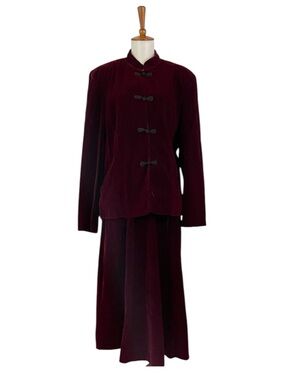 Vintage 90s‎ Burgundy Velvet Skirt Set L Modest Long Sleeve Midi Gothic Elegance